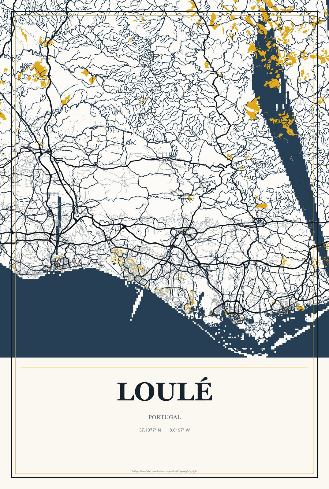Loulé, Portugal City Map Aluminum Sign in Citrine Modern style
