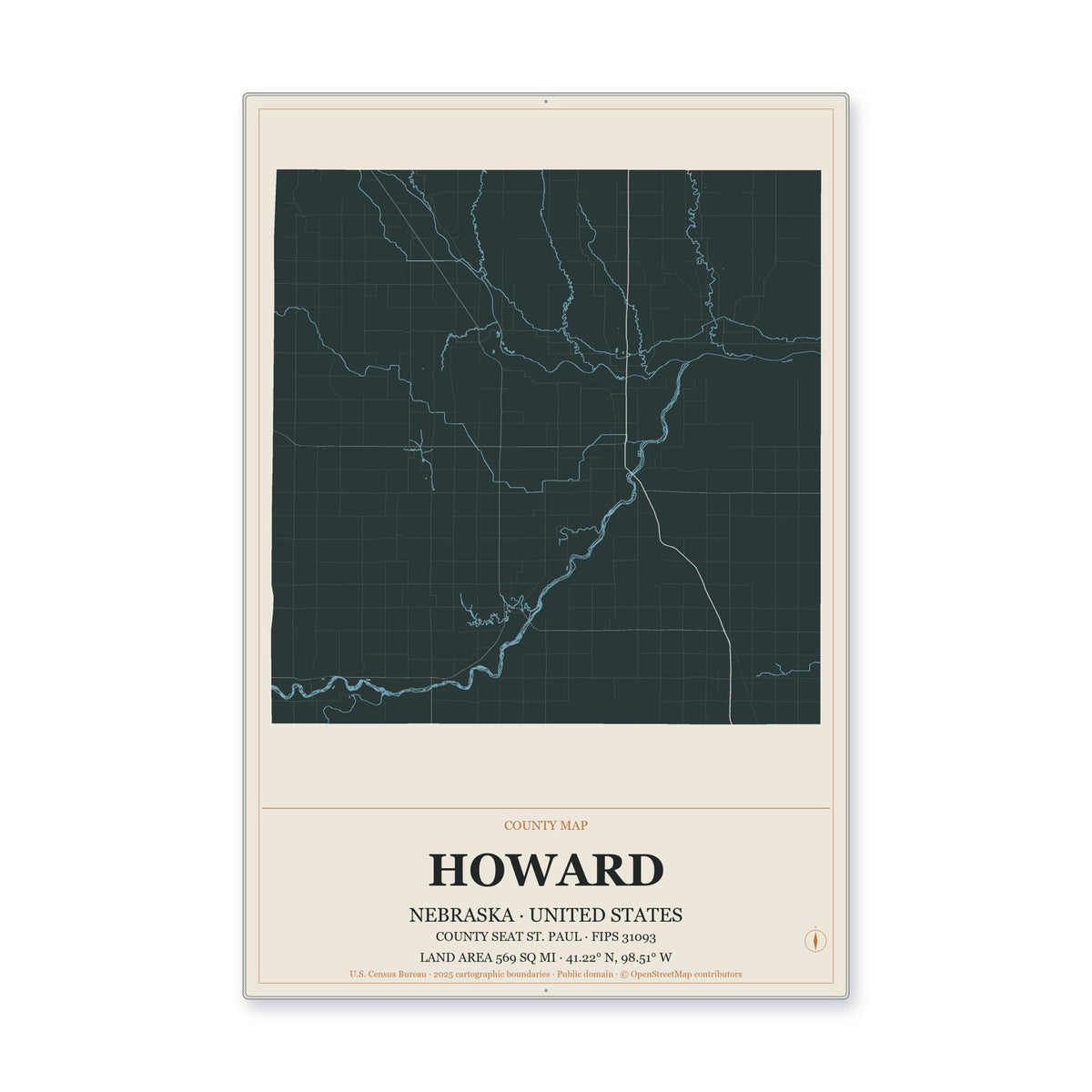 Howard County, Nebraska Map Aluminum Sign in Headline Atlas style
