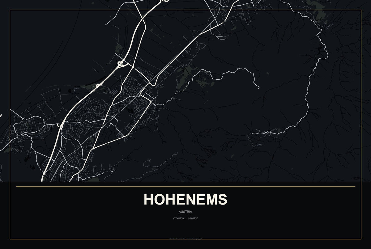 Hohenems, Austria City Map Aluminum Sign in Metropolitan Noir style