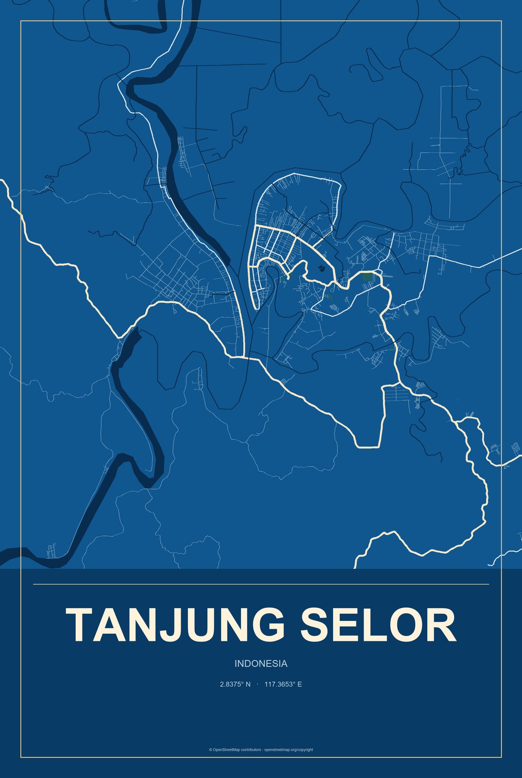 Tanjung Selor, Indonesia City Map Aluminum Sign in Harbor Cobalt style