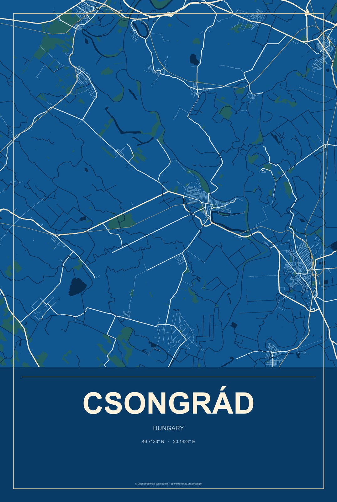 Csongrád, Hungary City Map Aluminum Sign in Harbor Cobalt style