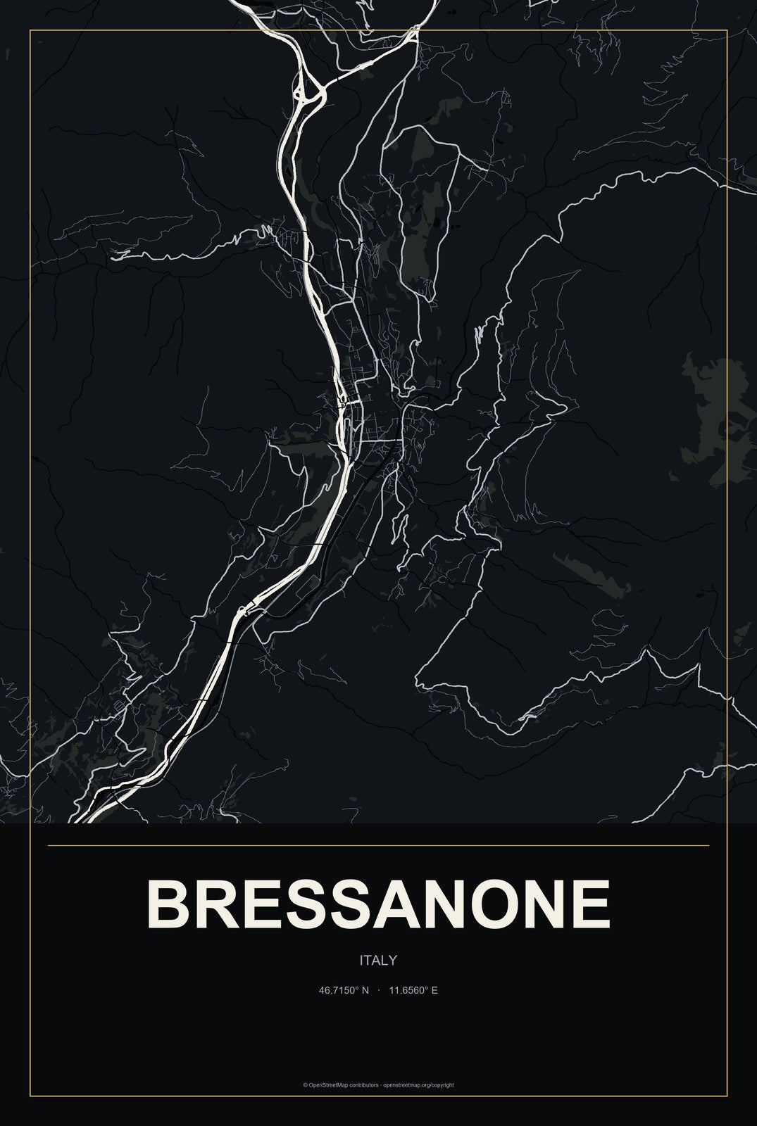 Bressanone, Italy City Map Aluminum Sign in Metropolitan Noir style