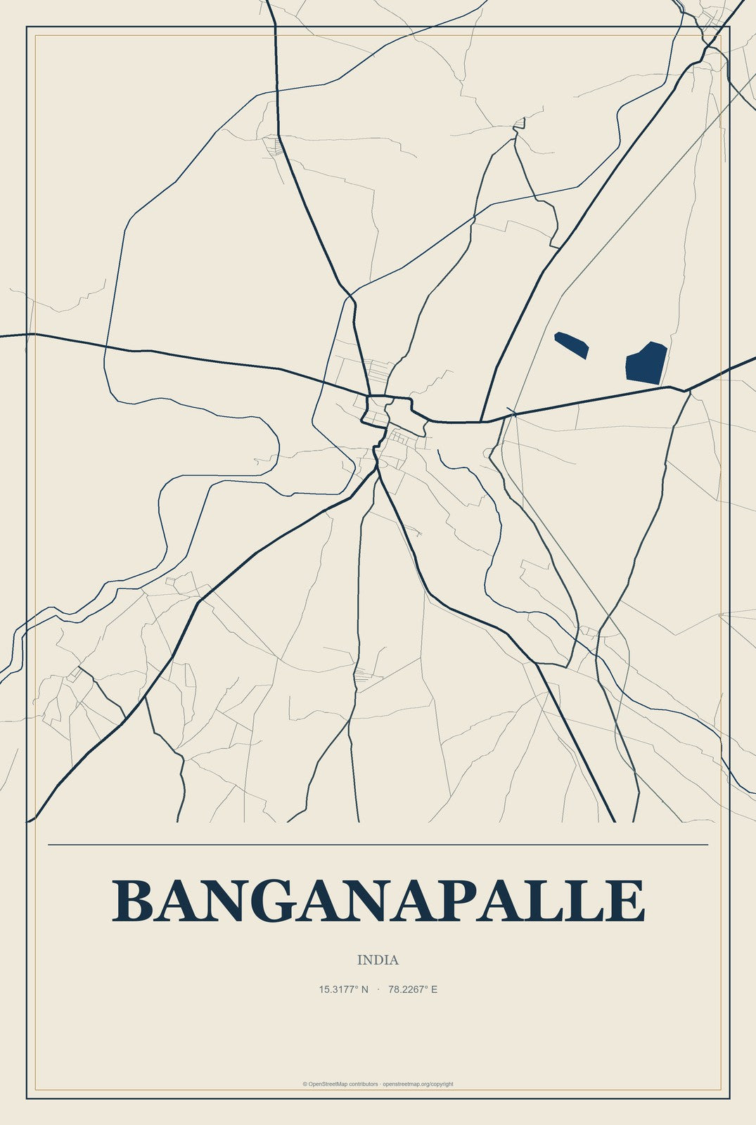 Banganapalle, India City Map Aluminum Sign in Coastal Cutout style