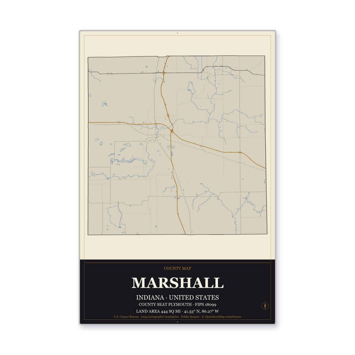 Marshall County, Indiana Map Aluminum Sign in Museum Plaque style