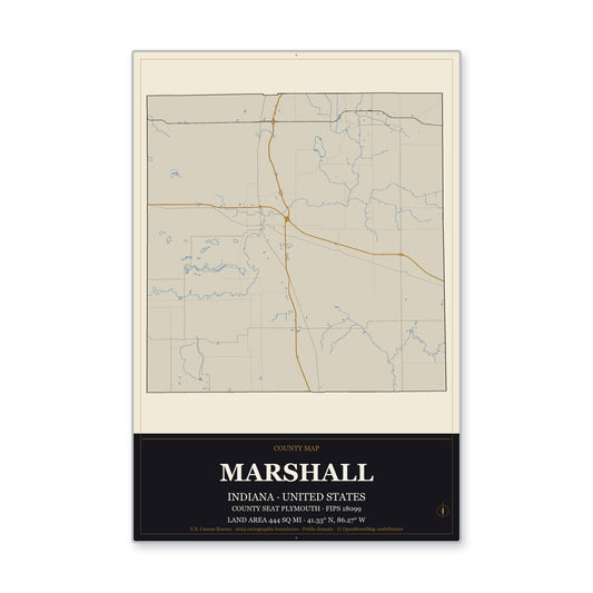 Marshall County, Indiana Map Aluminum Sign in Museum Plaque style