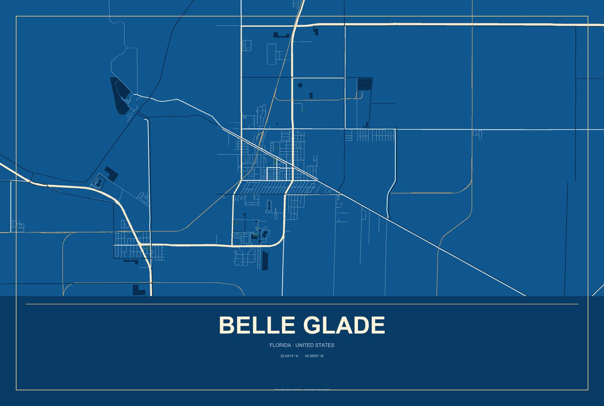 Belle Glade, Florida City Map Aluminum Sign in Harbor Cobalt style