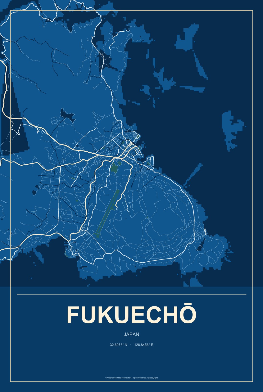 Fukuechō, Japan City Map Aluminum Sign in Harbor Cobalt style