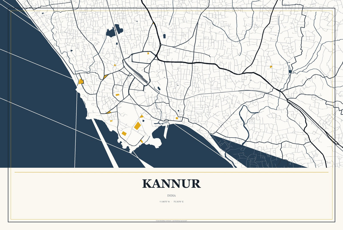Kannur, India City Map Aluminum Sign in Citrine Modern style