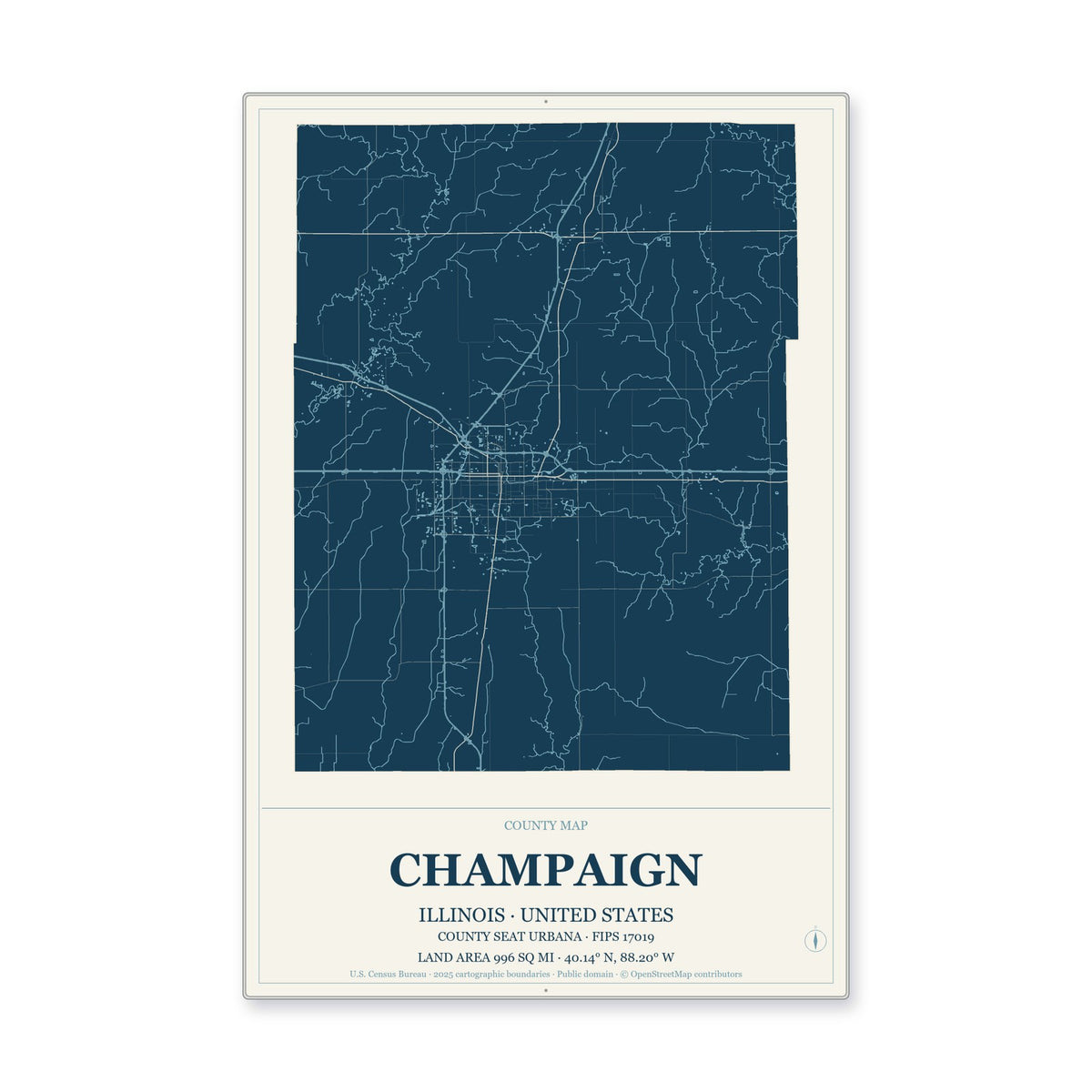 Champaign County, Illinois Map Aluminum Sign in Coastal Cutout style