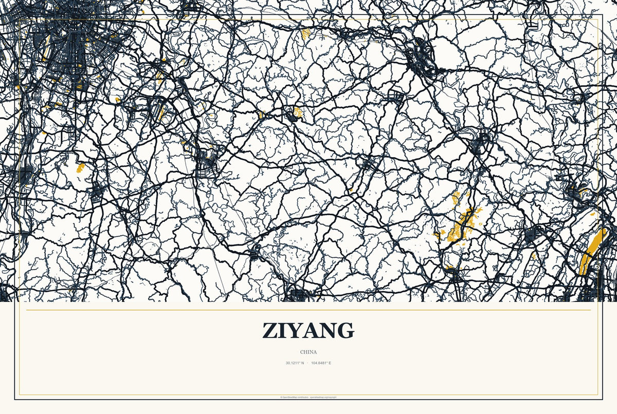 Ziyang, China City Map Aluminum Sign in Citrine Modern style