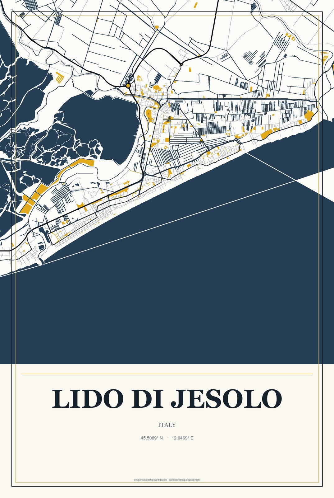Lido di Jesolo, Italy City Map Aluminum Sign in Citrine Modern style