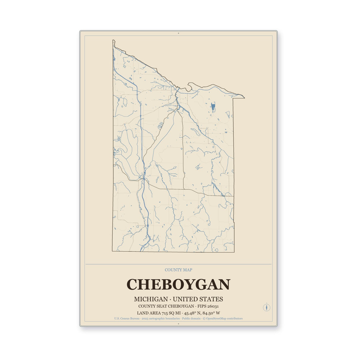 Cheboygan County, Michigan Map Aluminum Sign in Heritage Nautical style