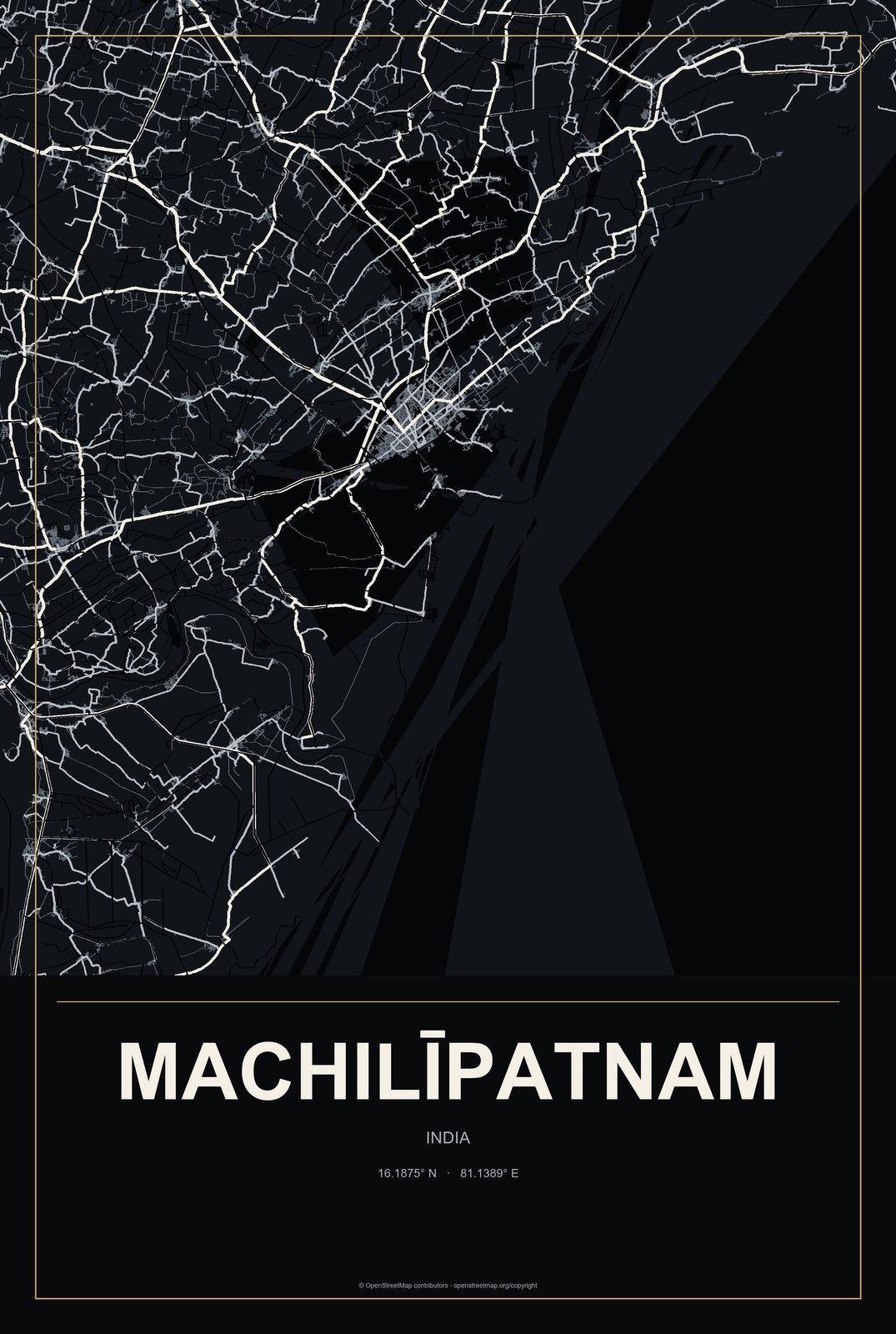 Machilīpatnam, India City Map Aluminum Sign in Metropolitan Noir style