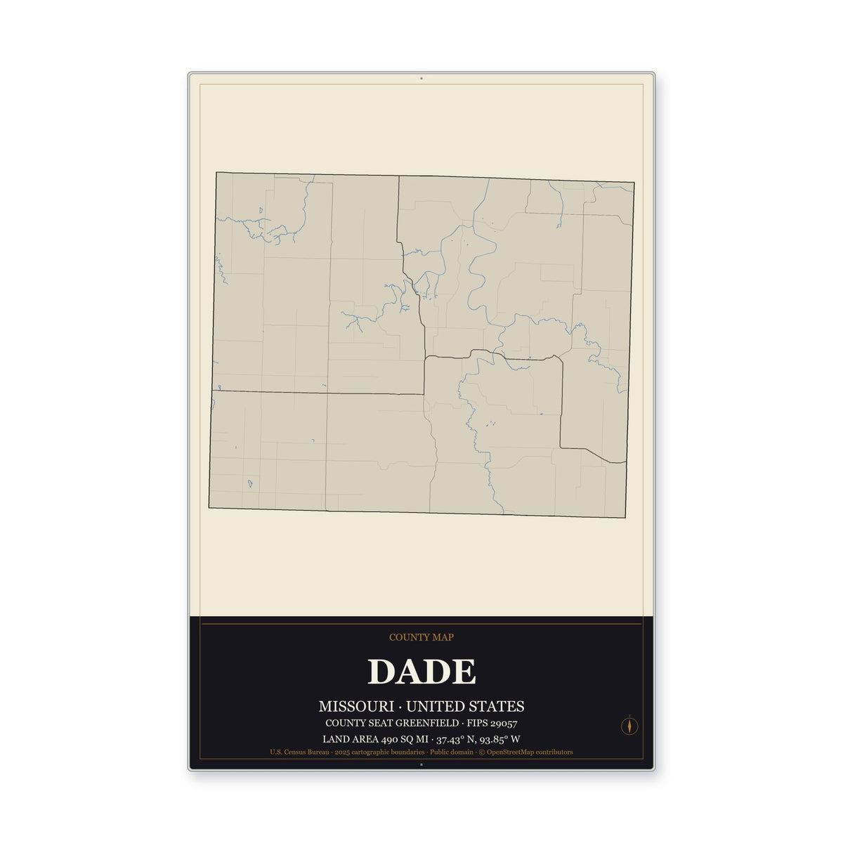 Dade County, Missouri Map Aluminum Sign in Museum Plaque style