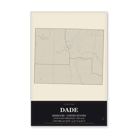 Dade County, Missouri Map Aluminum Sign in Museum Plaque style