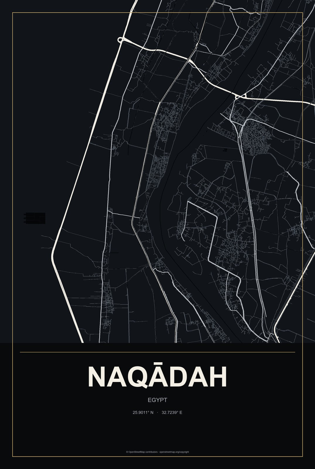 Naqādah, Egypt City Map Aluminum Sign in Metropolitan Noir style