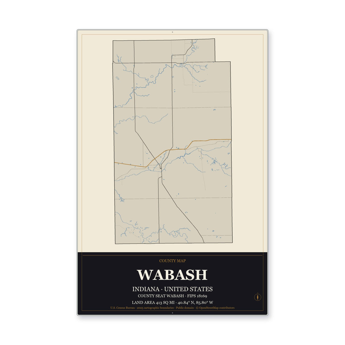 Wabash County, Indiana Map Aluminum Sign in Museum Plaque style
