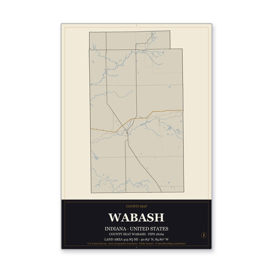 Wabash County, Indiana Map Aluminum Sign in Museum Plaque style