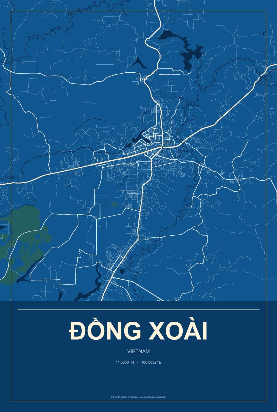 Đồng Xoài, Vietnam City Map Aluminum Sign in Harbor Cobalt style