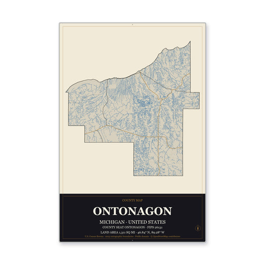 Ontonagon County, Michigan Map Aluminum Sign in Museum Plaque style