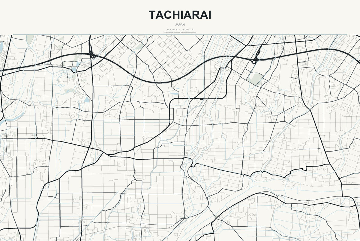 Tachiarai, Japan City Map Aluminum Sign in Headline Atlas style