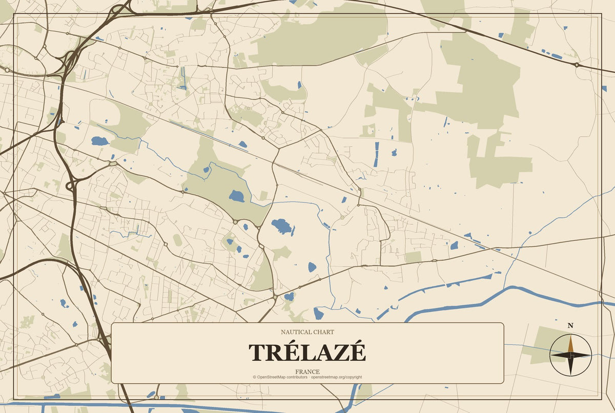 Trélazé, France City Map Aluminum Sign in Heritage Nautical style