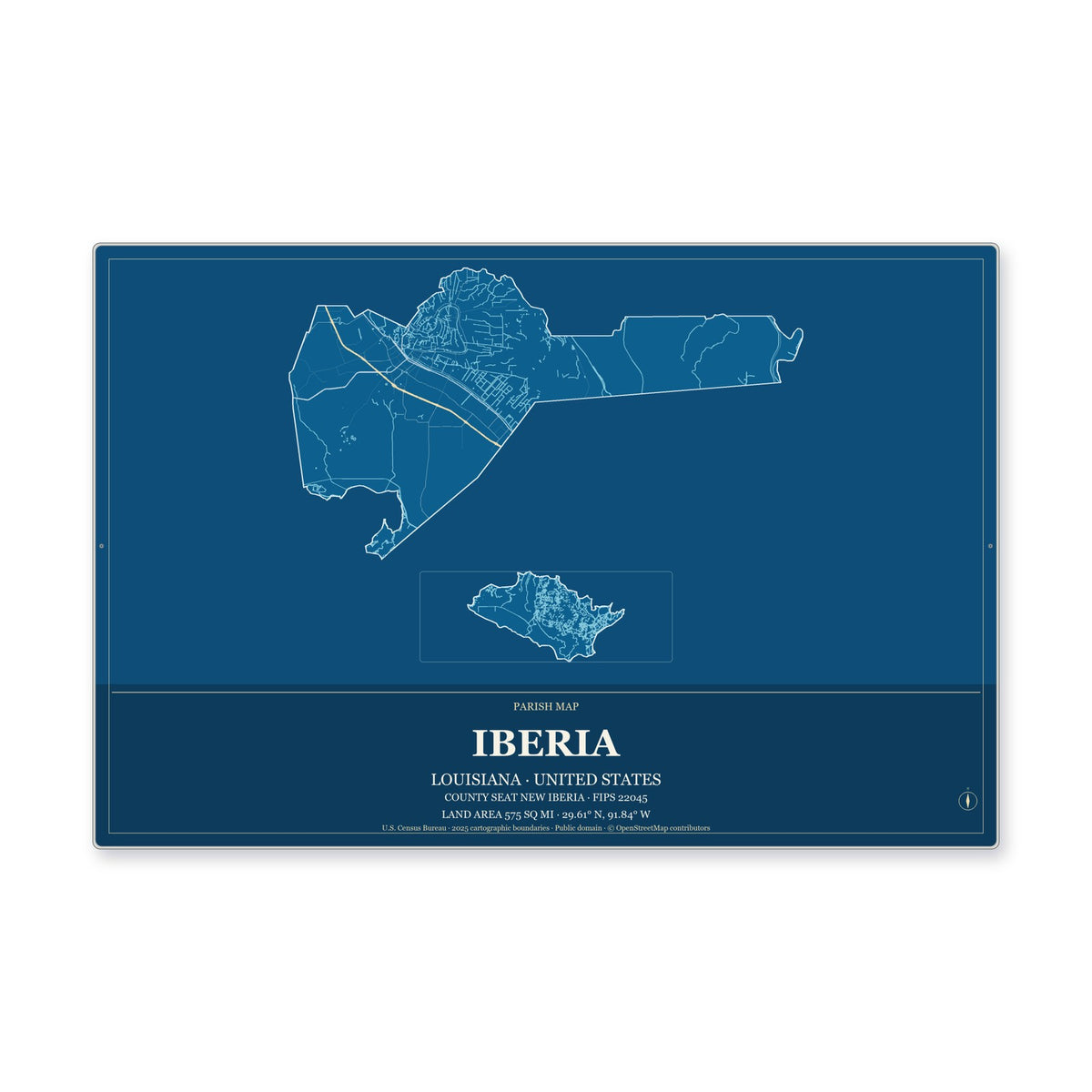 Iberia Parish, Louisiana Map Aluminum Sign in Harbor Cobalt style