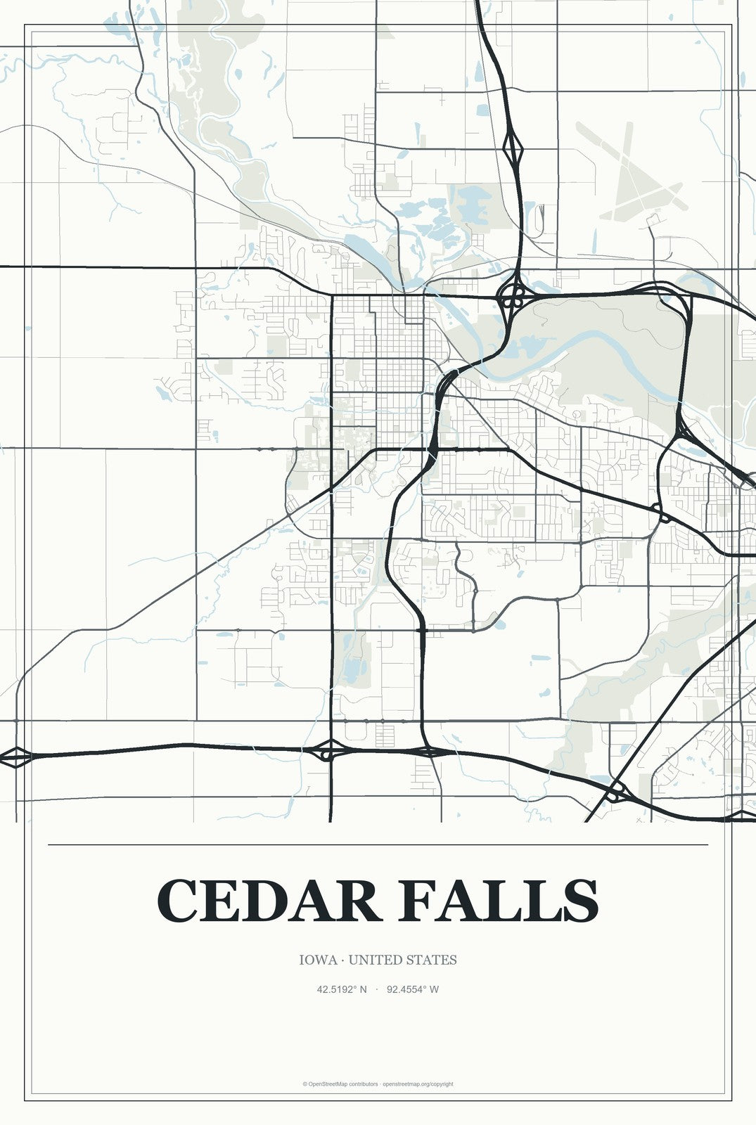 Cedar Falls, Iowa City Map Aluminum Sign in Gallery Air style