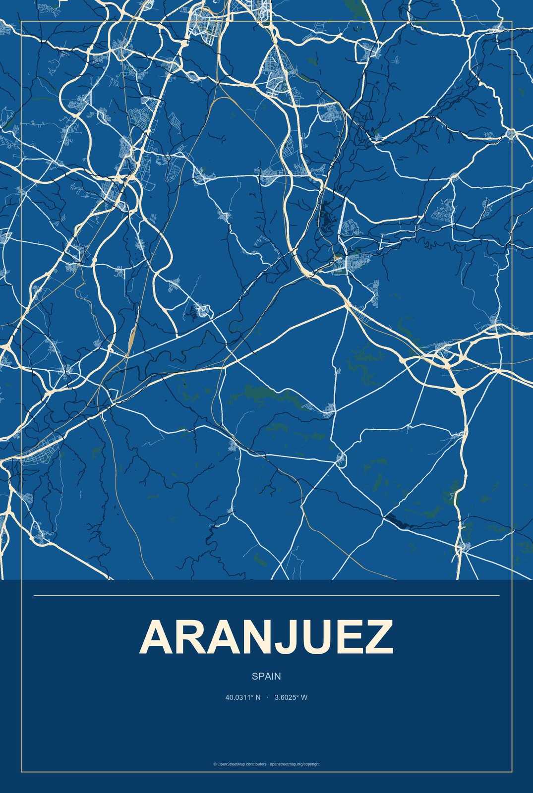 Aranjuez, Spain City Map Aluminum Sign in Harbor Cobalt style