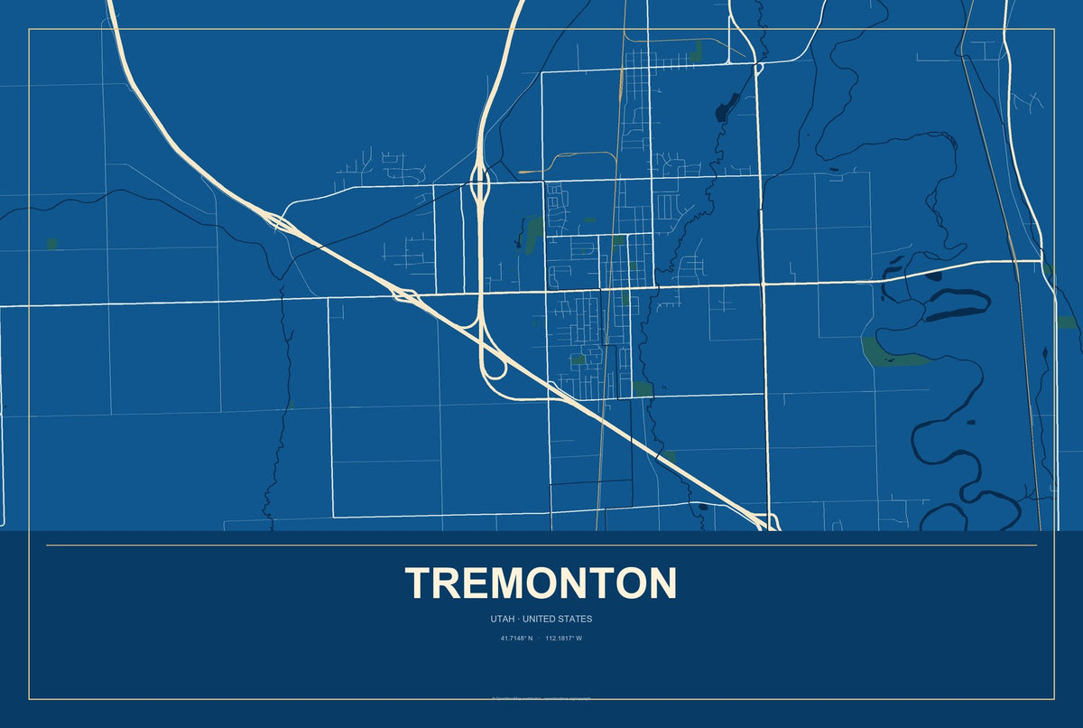 Tremonton, Utah City Map Aluminum Sign in Harbor Cobalt style