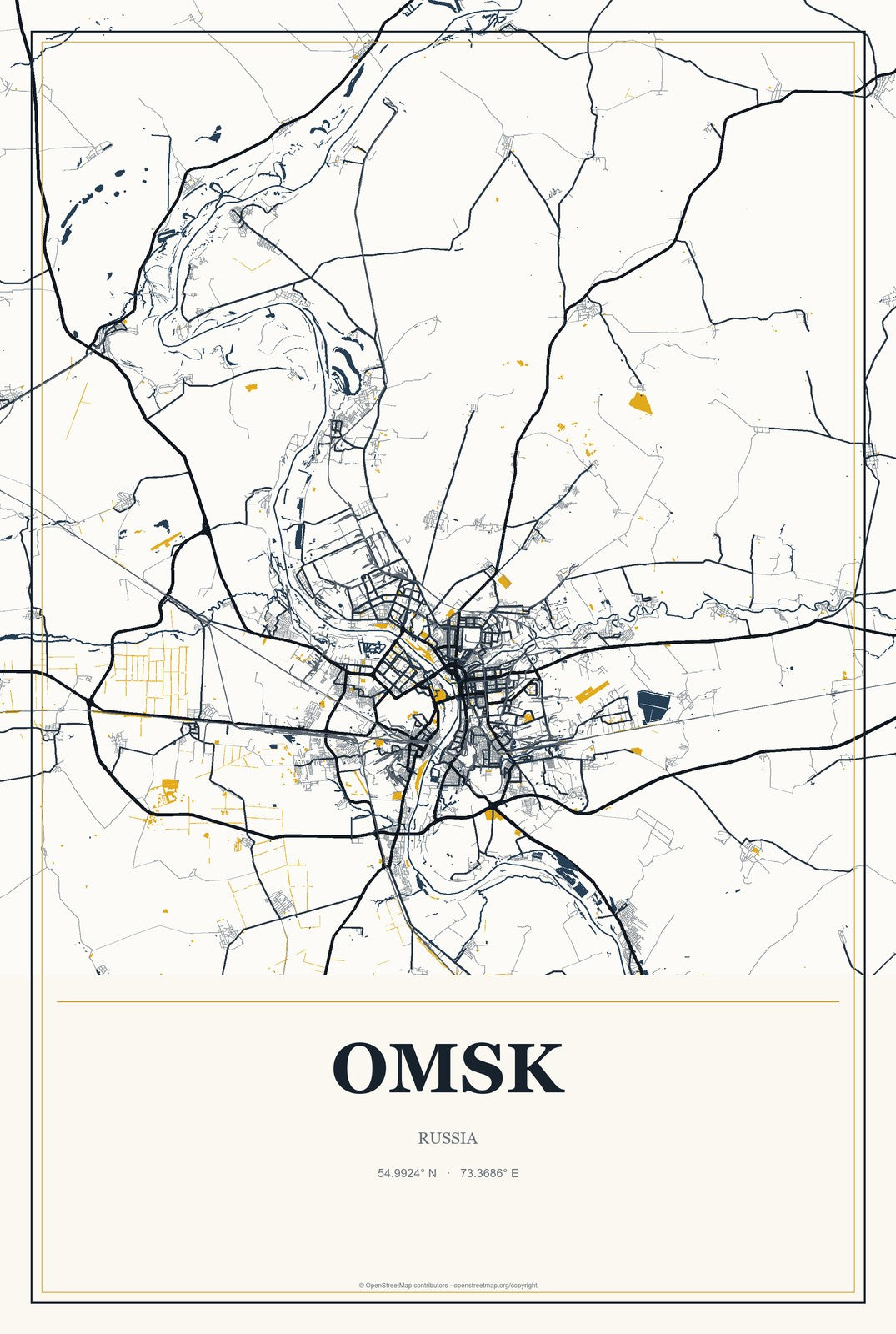 Omsk, Russia City Map Aluminum Sign in Citrine Modern style