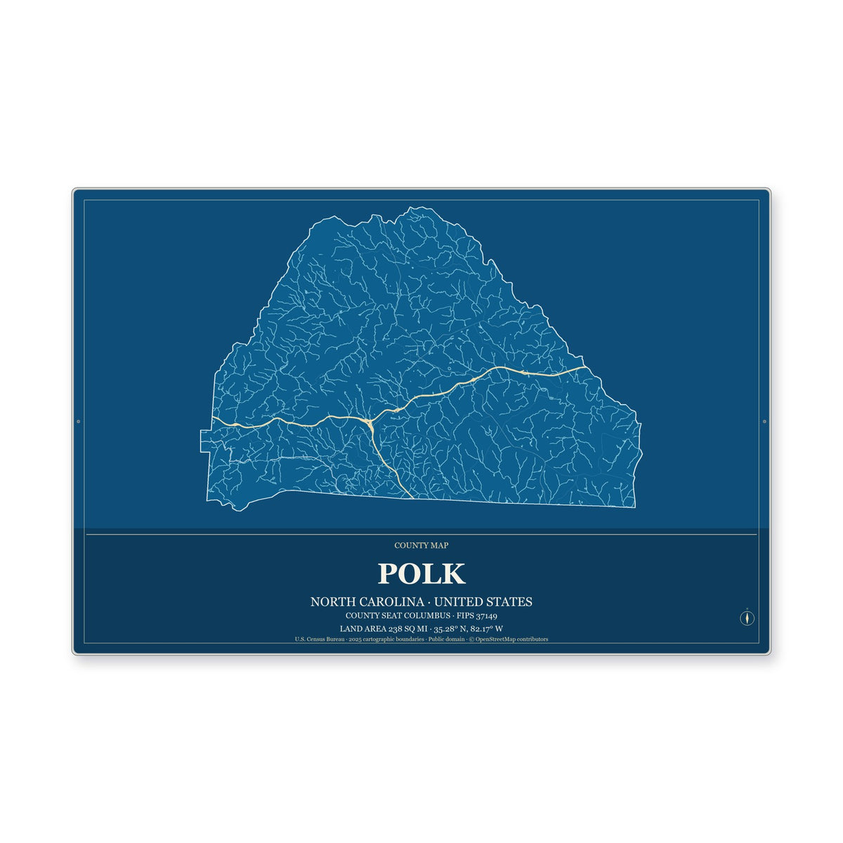 Polk County, North Carolina Map Aluminum Sign in Harbor Cobalt style