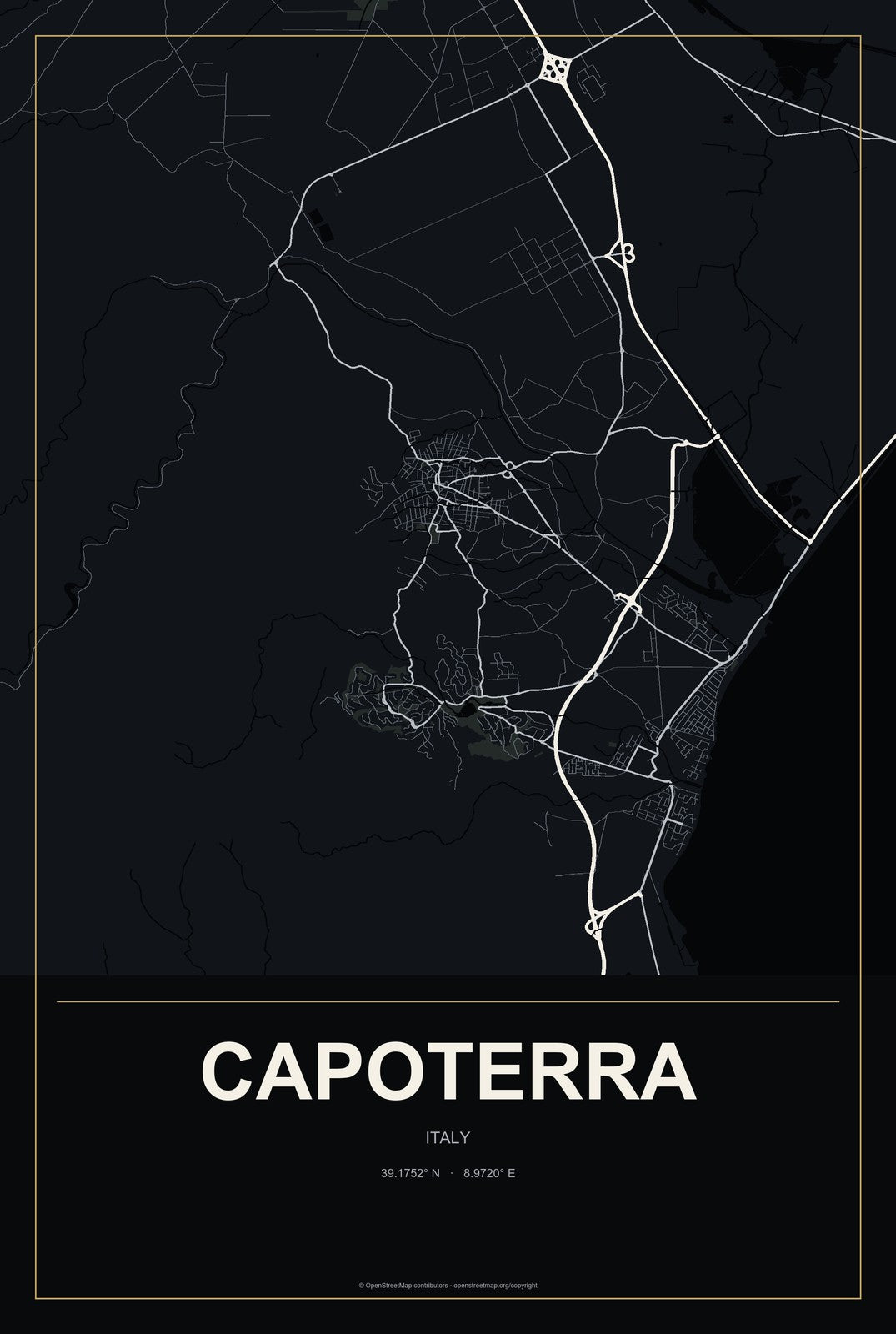 Capoterra, Italy City Map Aluminum Sign in Metropolitan Noir style