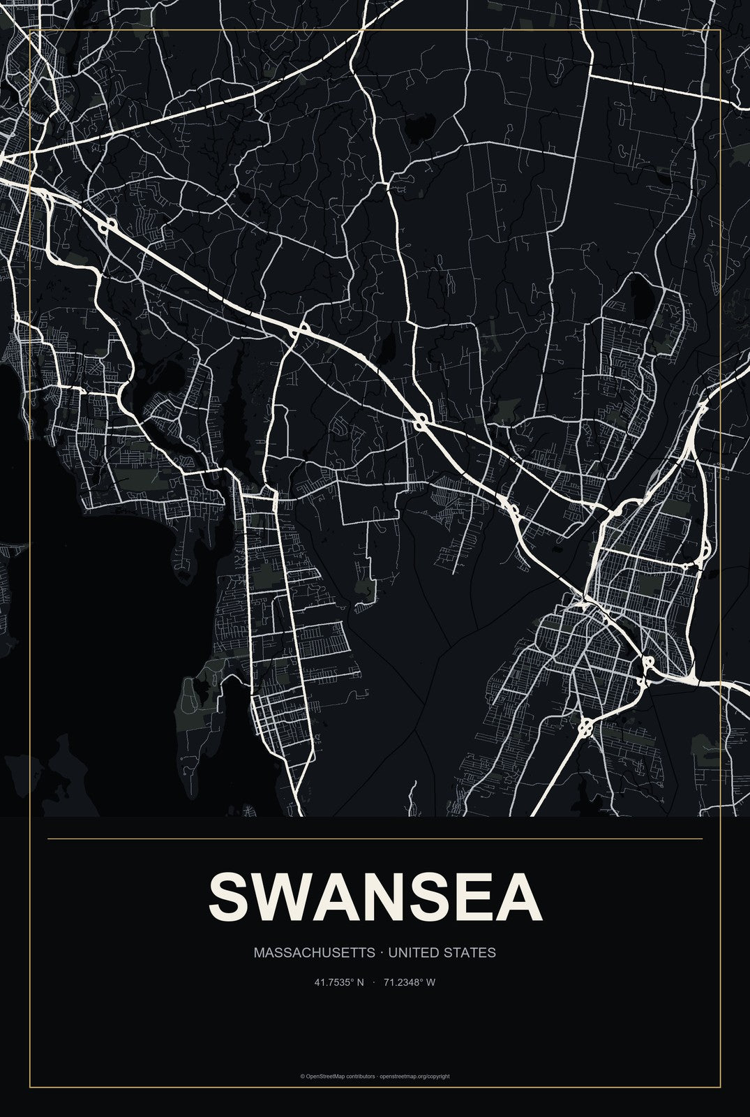 Swansea, Massachusetts City Map Aluminum Sign in Metropolitan Noir style