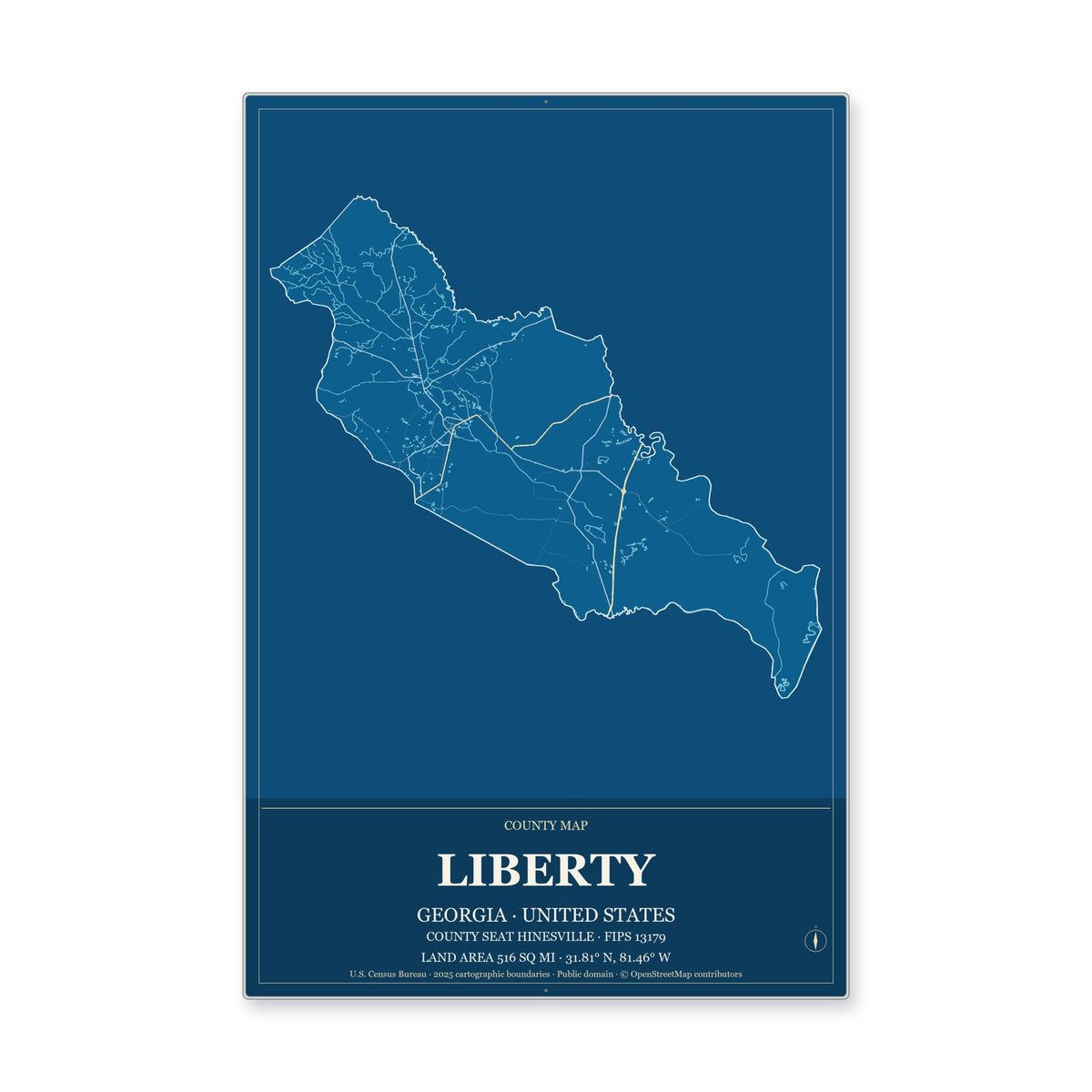 Liberty County, Georgia Map Aluminum Sign in Harbor Cobalt style