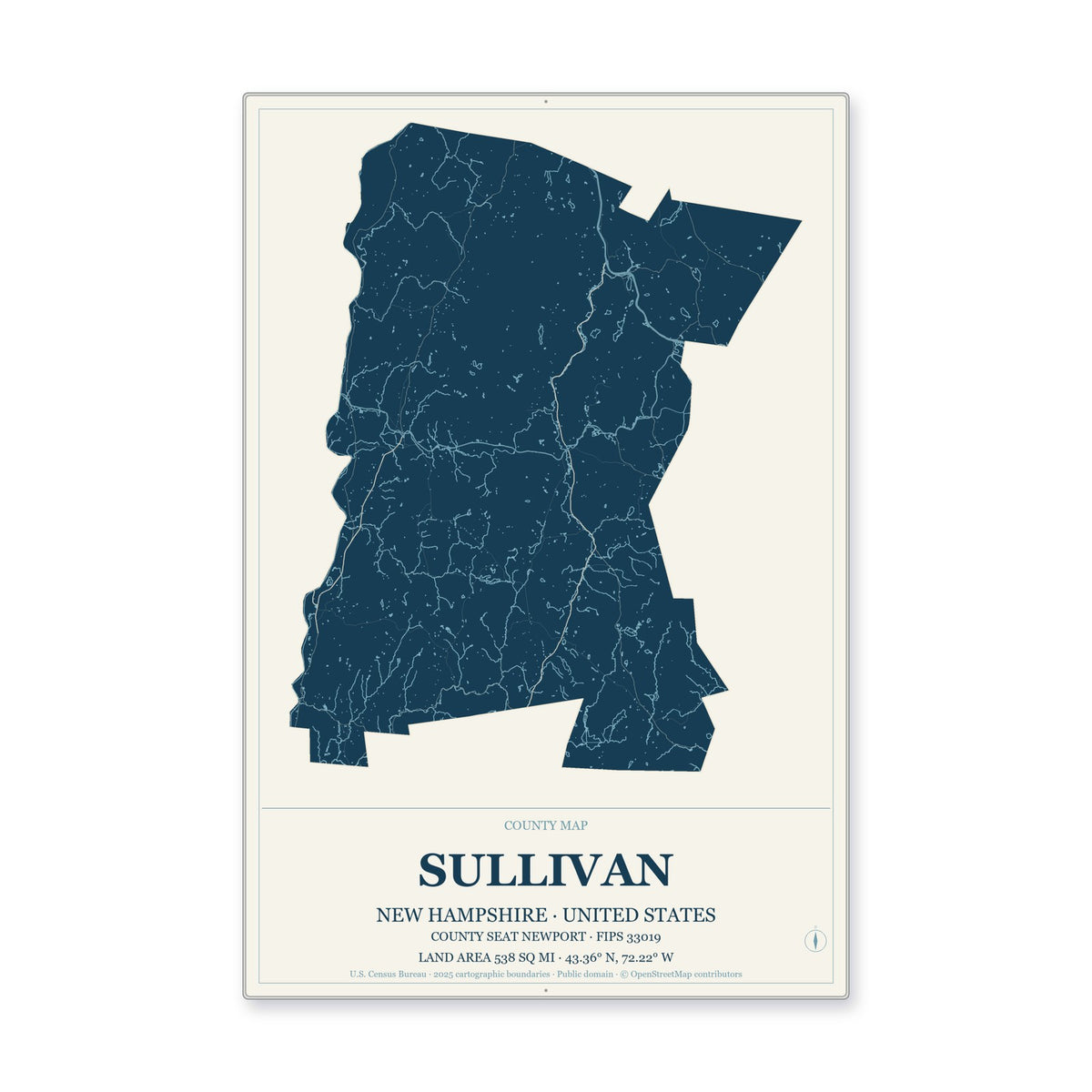 Sullivan County, New Hampshire Map Aluminum Sign in Coastal Cutout style