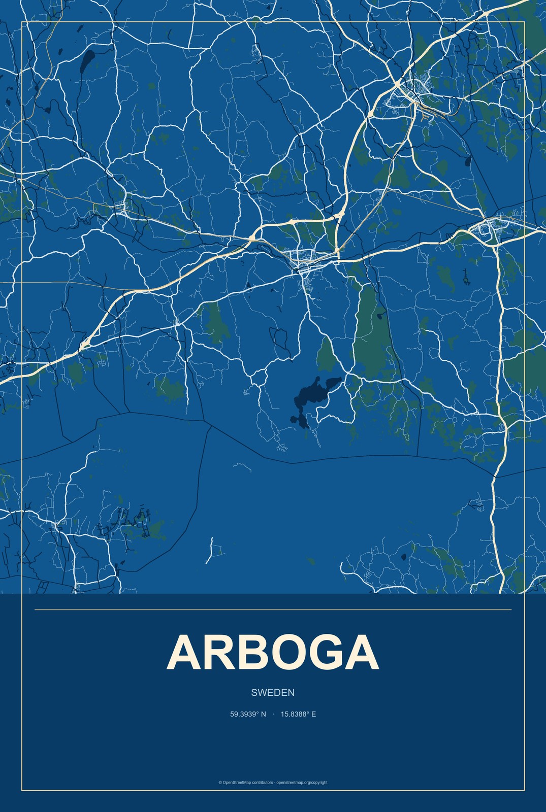 Arboga, Sweden City Map Aluminum Sign in Harbor Cobalt style