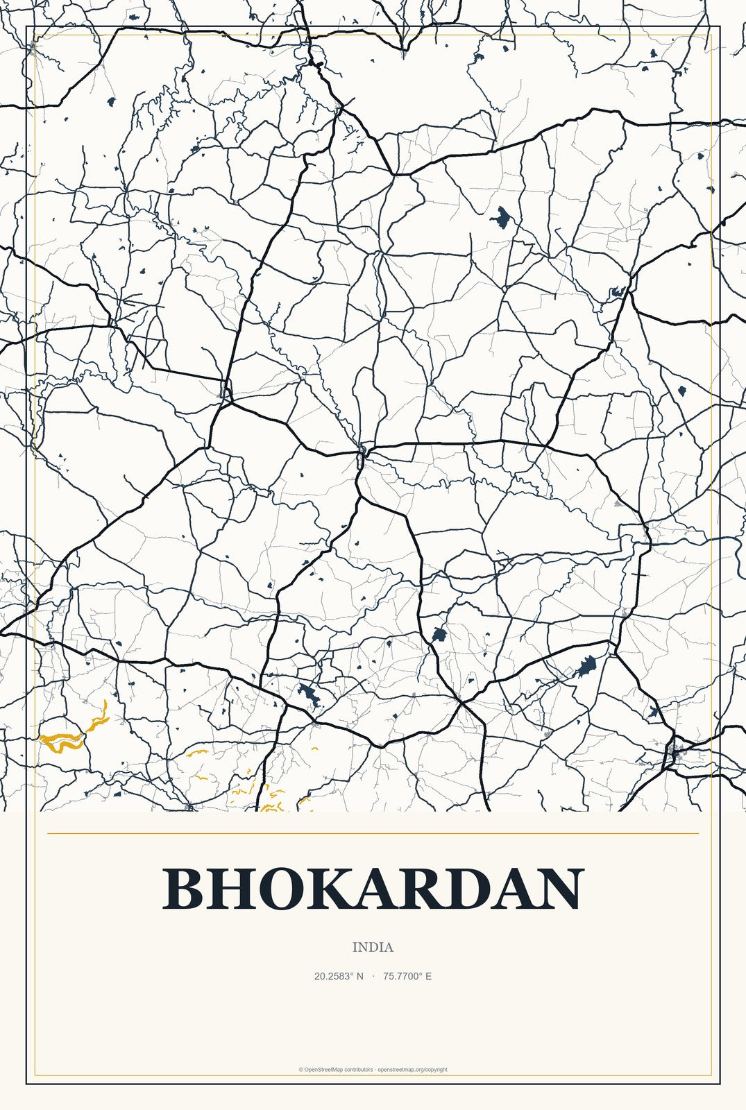 Bhokardan, India City Map Aluminum Sign in Citrine Modern style