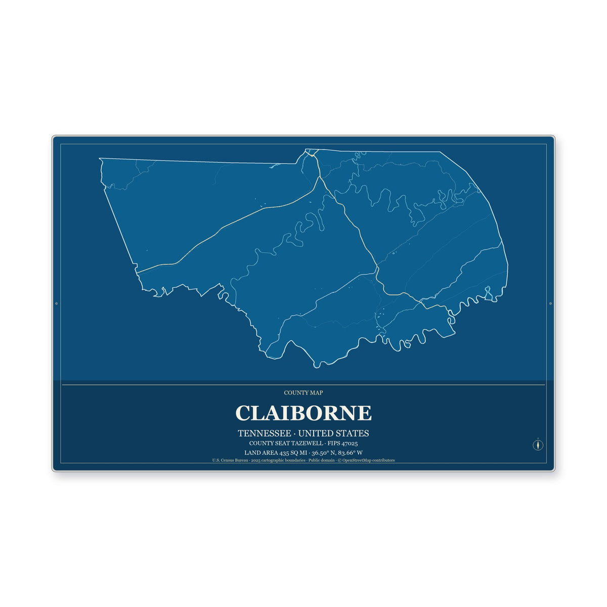 Claiborne County, Tennessee Map Aluminum Sign in Harbor Cobalt style