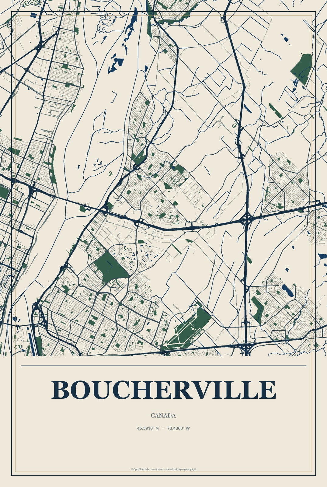 Boucherville, Canada City Map Aluminum Sign in Coastal Cutout style