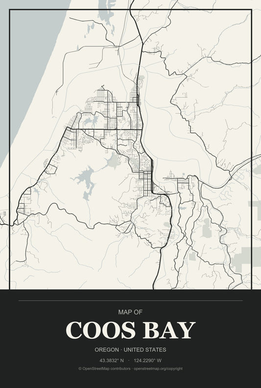 Coos Bay, Oregon City Map Aluminum Sign in Museum Plaque style