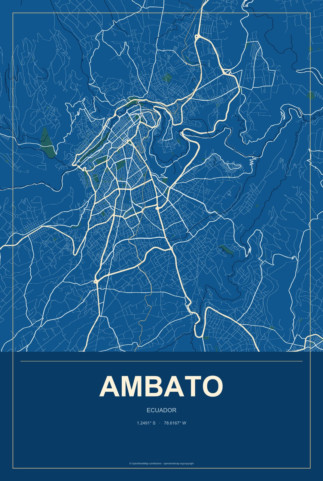 Ambato, Ecuador City Map Aluminum Sign in Harbor Cobalt style