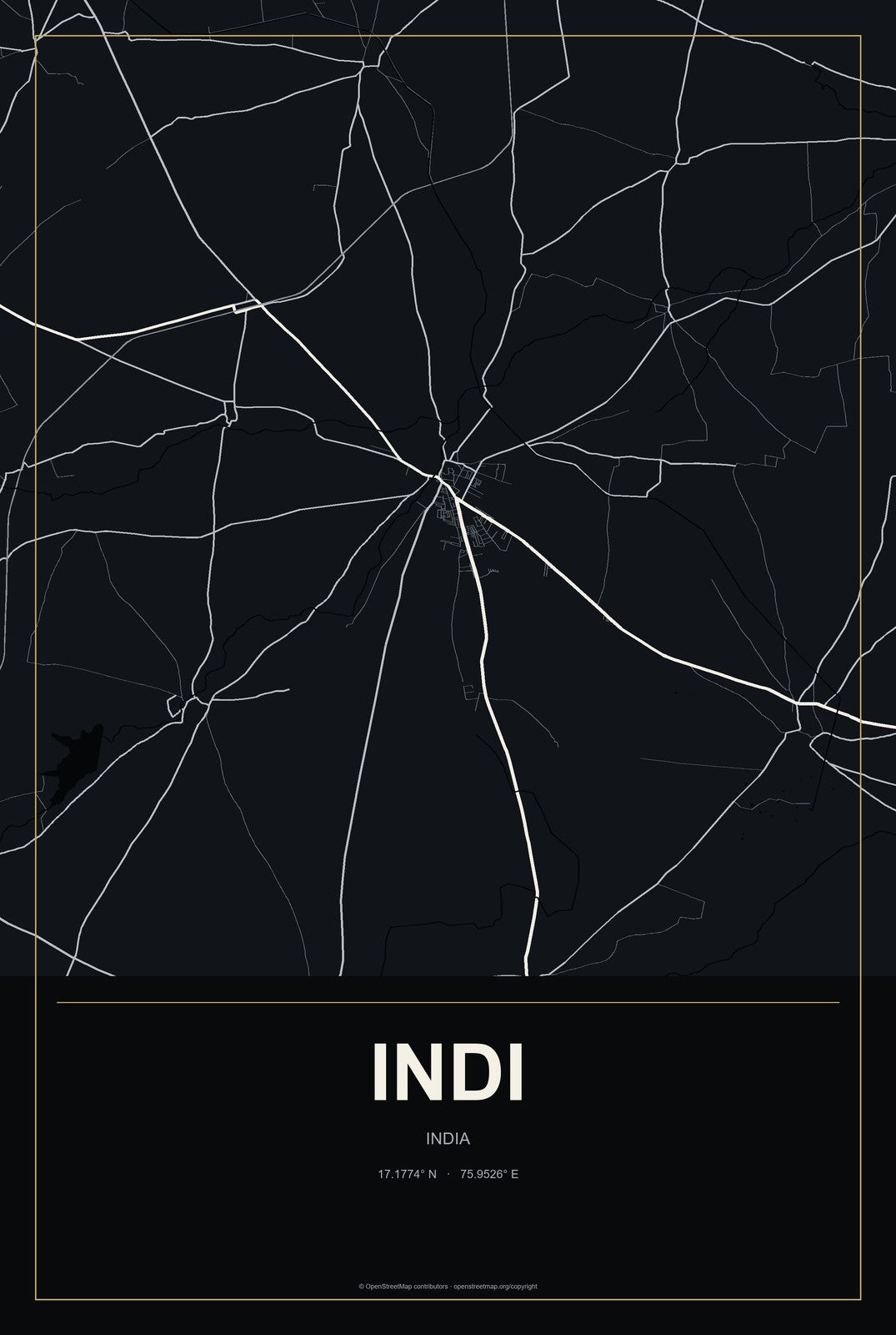 Indi, India City Map Aluminum Sign in Metropolitan Noir style