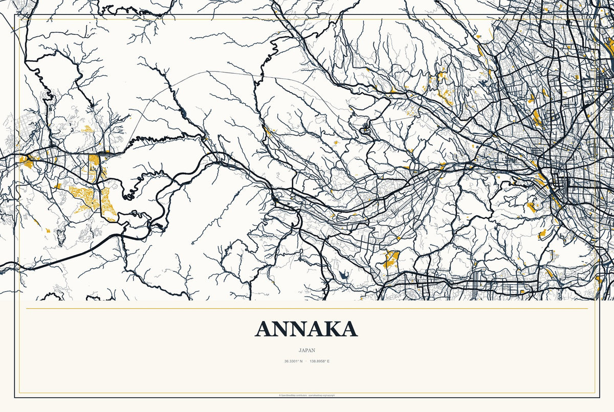 Annaka, Japan City Map Aluminum Sign in Citrine Modern style