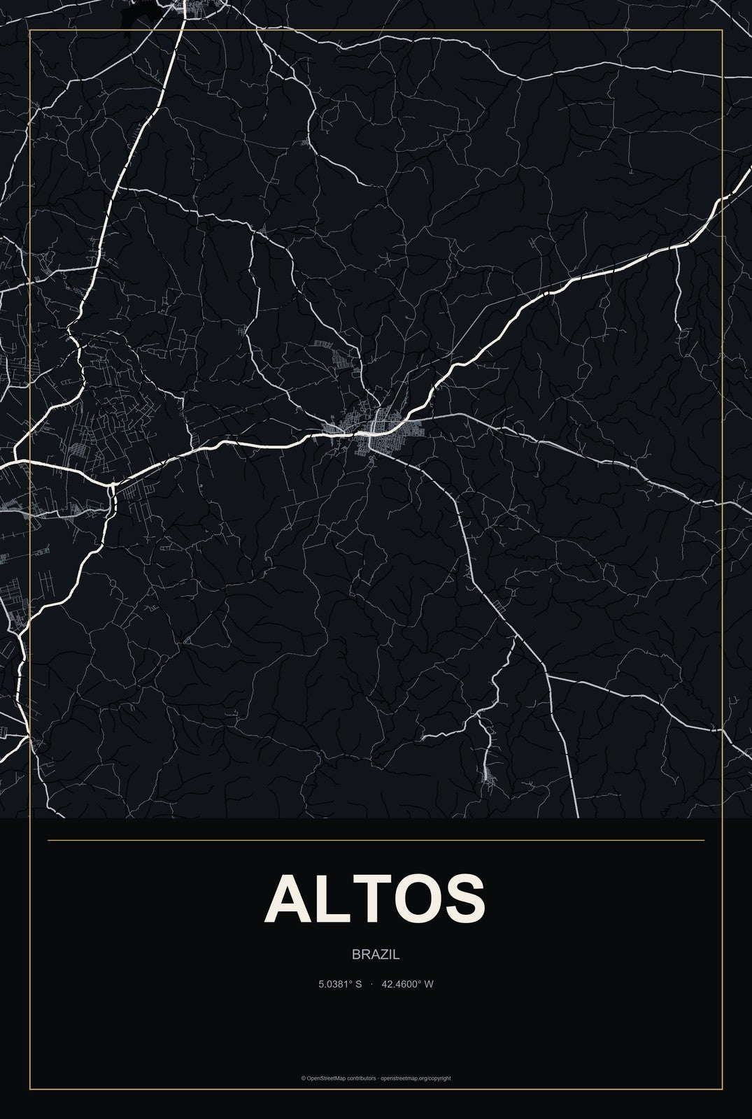 Altos, Brazil City Map Aluminum Sign in Metropolitan Noir style