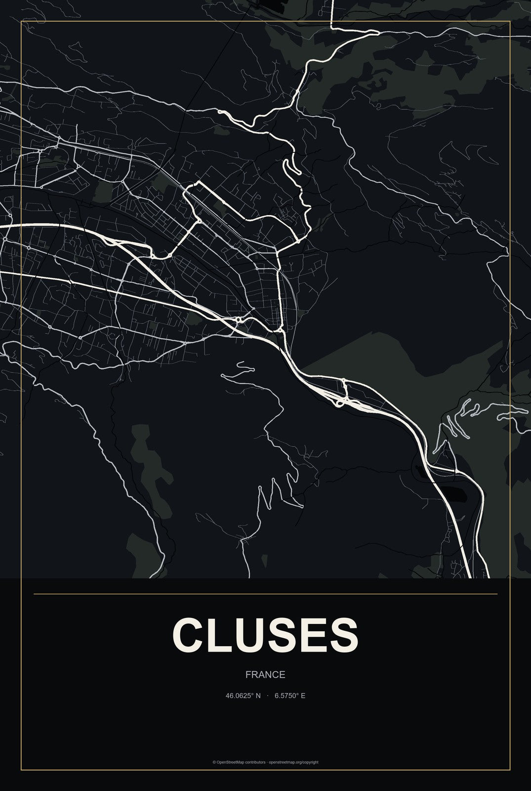 Cluses, France City Map Aluminum Sign in Metropolitan Noir style