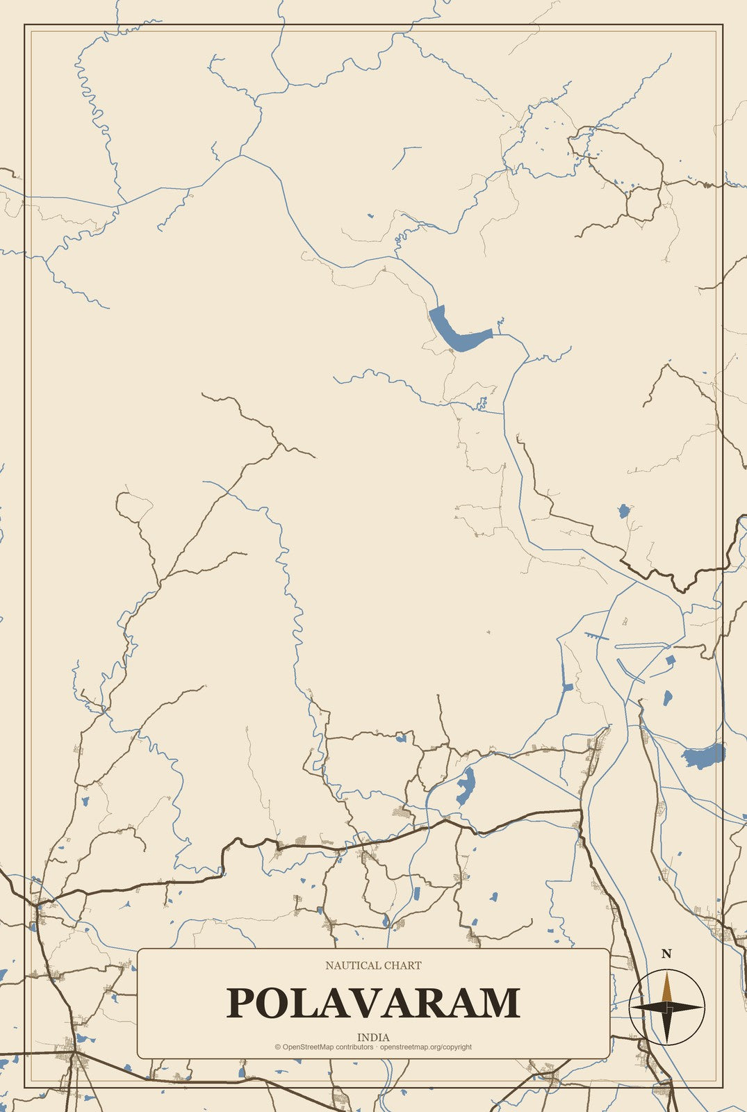 Polavaram, India City Map Aluminum Sign in Heritage Nautical style