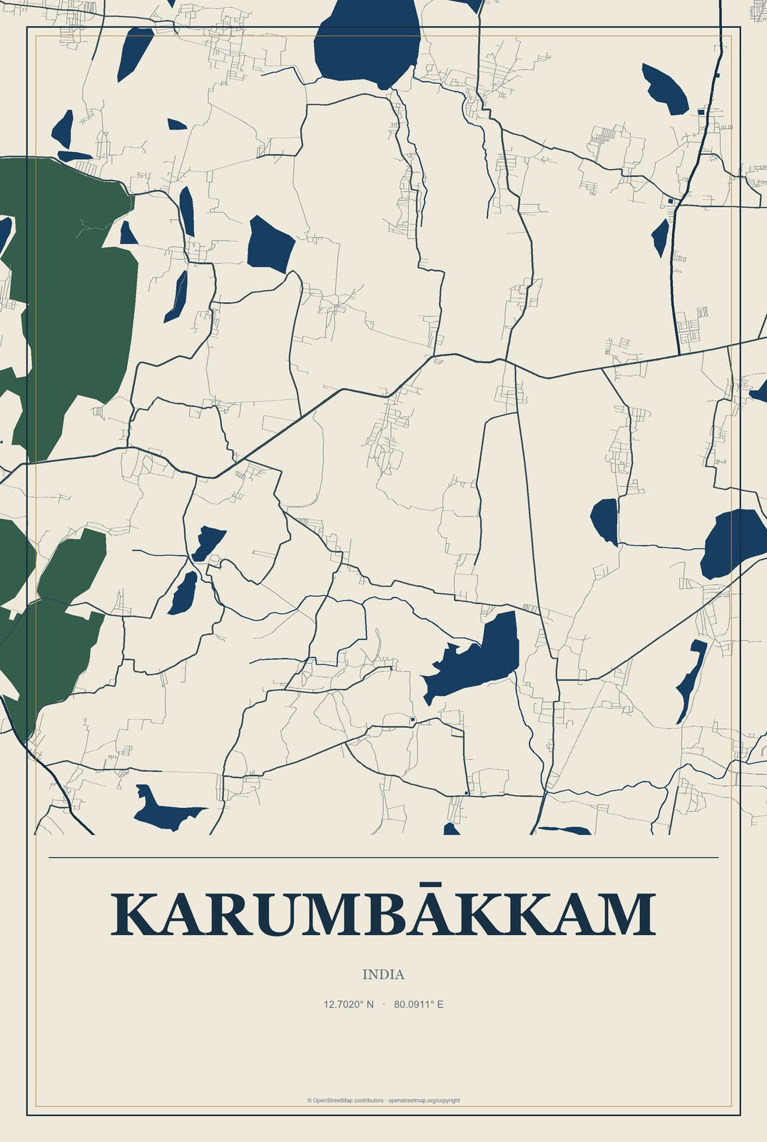 Karumbākkam, India City Map Aluminum Sign in Coastal Cutout style