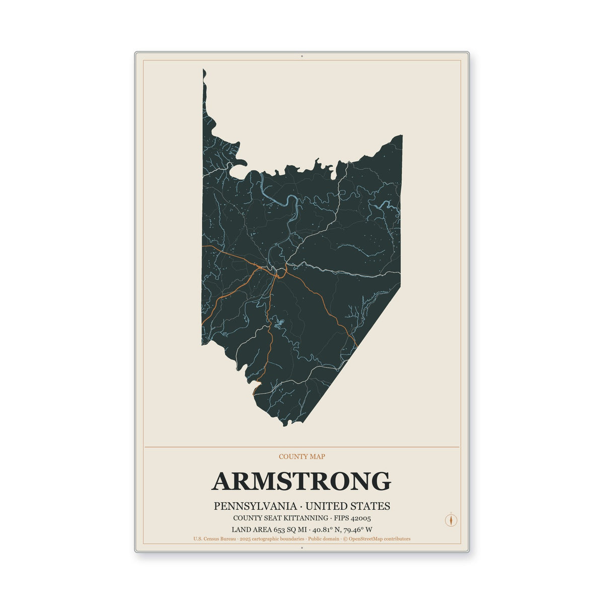 Armstrong County, Pennsylvania Map Aluminum Sign in Headline Atlas style