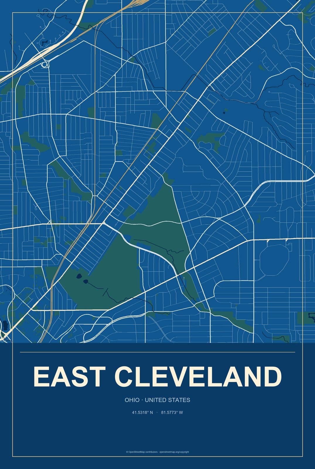 East Cleveland, Ohio City Map Aluminum Sign in Harbor Cobalt style